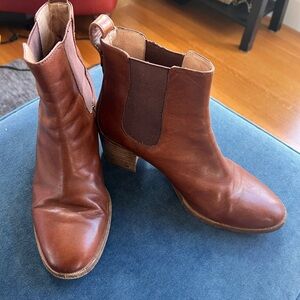 Madewell Cognac Leather Chelsea Boot Block Stacked Heel Elastic Panel